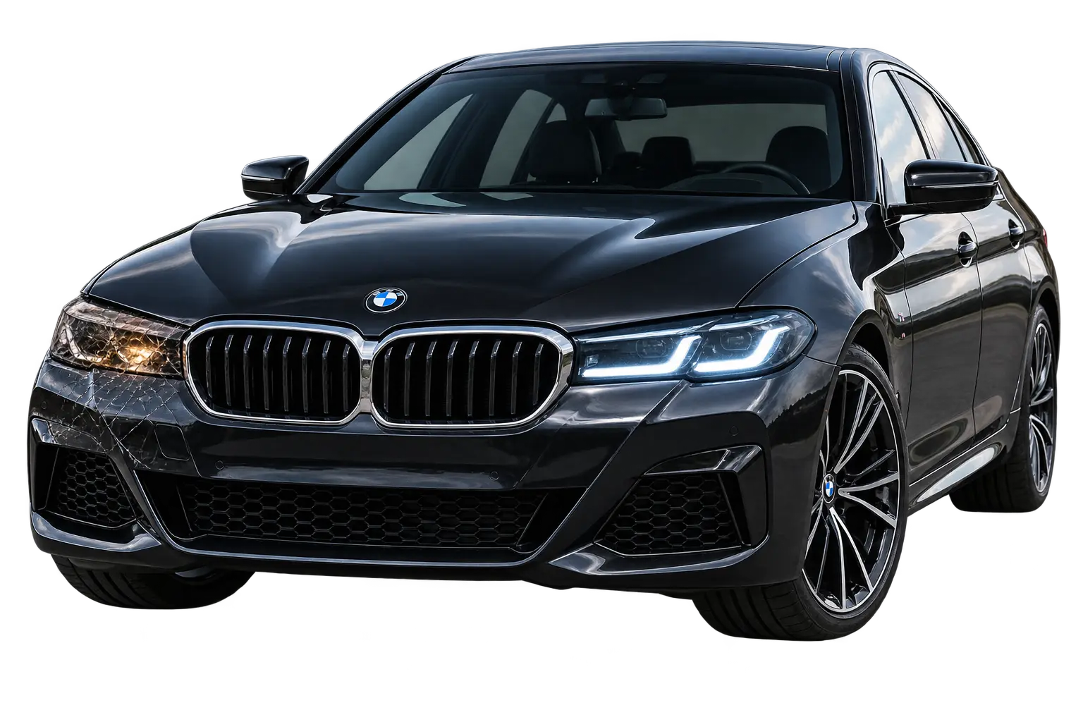 BMW with one damaged headlight and one working headlight